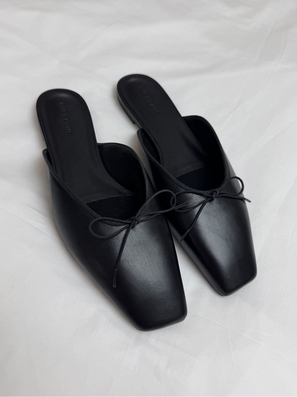 Everlane Black Leather Ballet Mule Flats Size 9 Minimalist Square Toe Bow - Picture 2 of 13